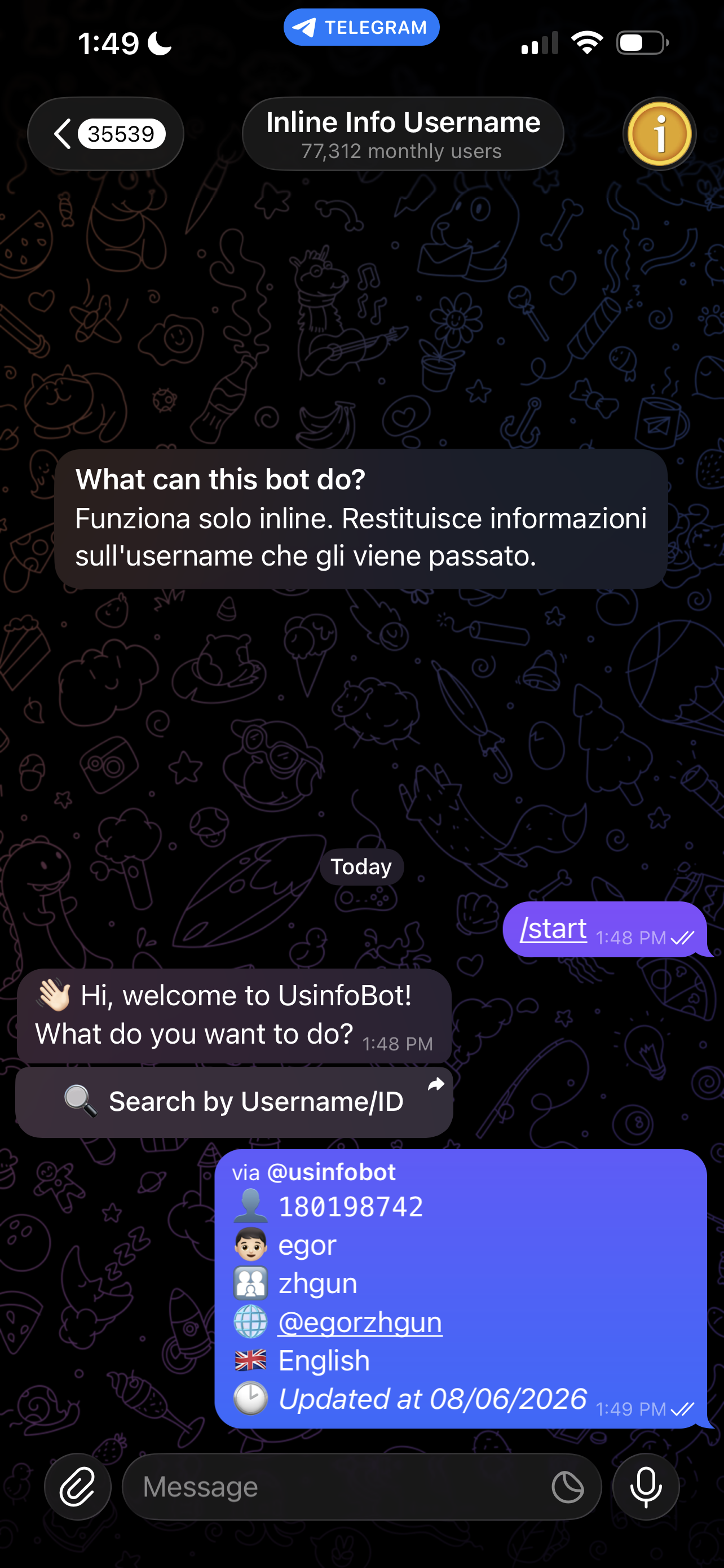 usinfobot showing Egor Zhgun as owner